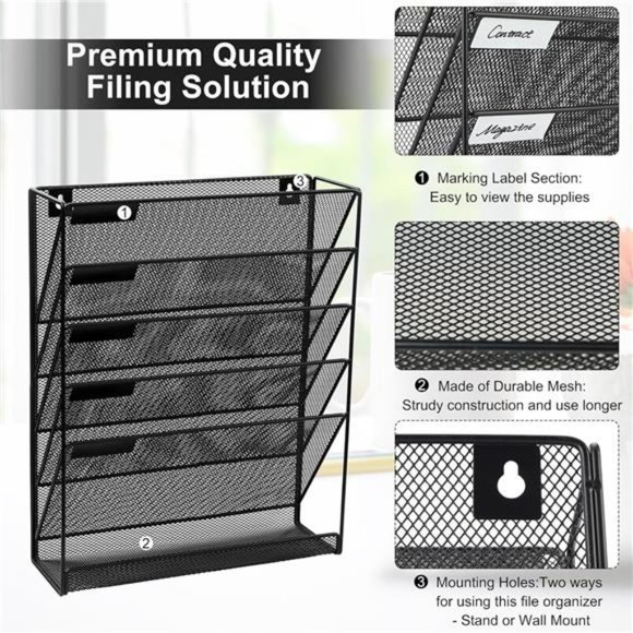 Wall File Organizer 5Tier Vertical Hanging File Organizer Wall Mount File Holder - Picture 5 of 7